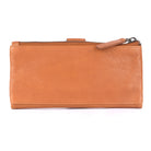 Back of the tan wallet, plain leather with the zip pull at one end