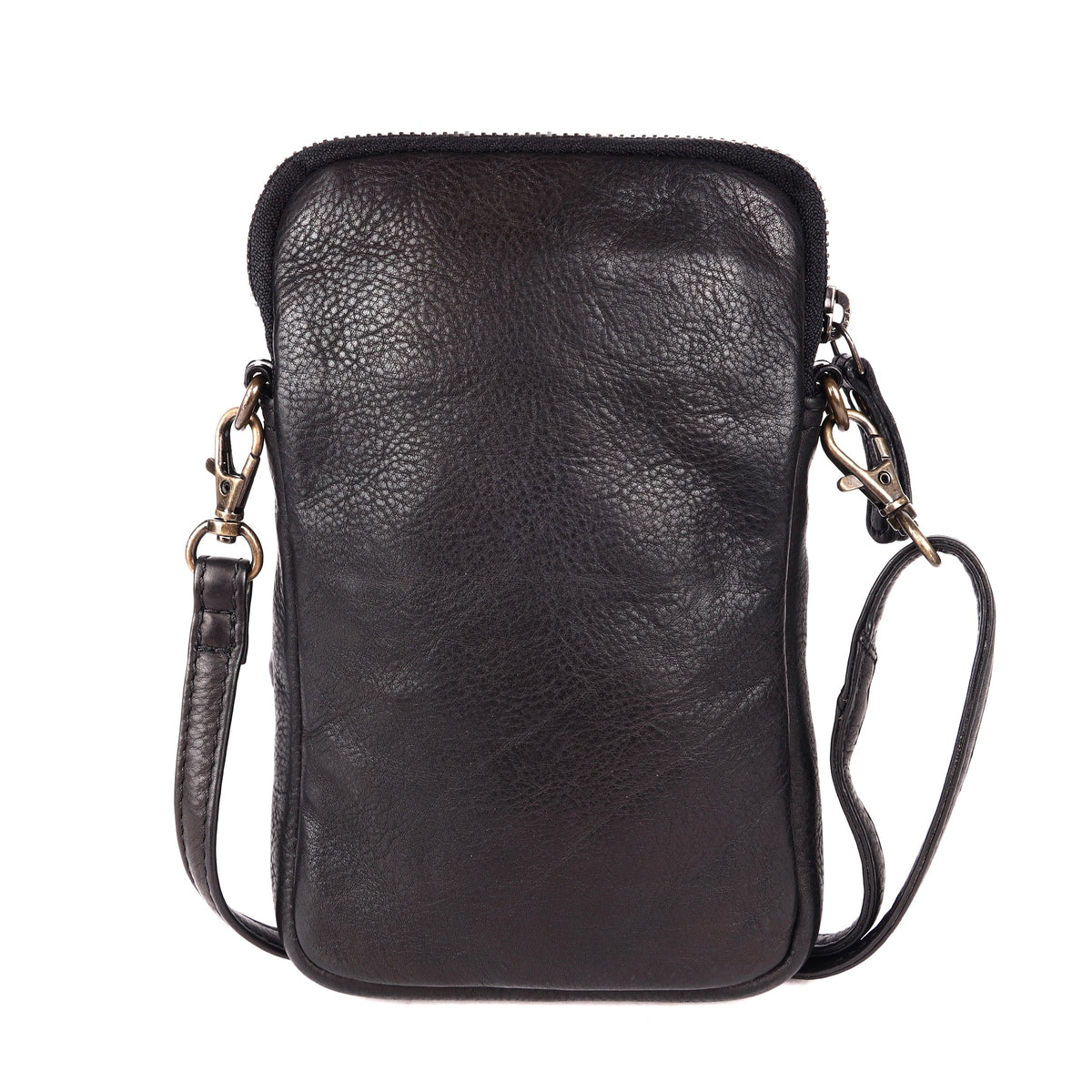 Back of the black phone bag in plain smooth leather