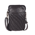 Black phone bag from the front, showing the basket-weave pocket