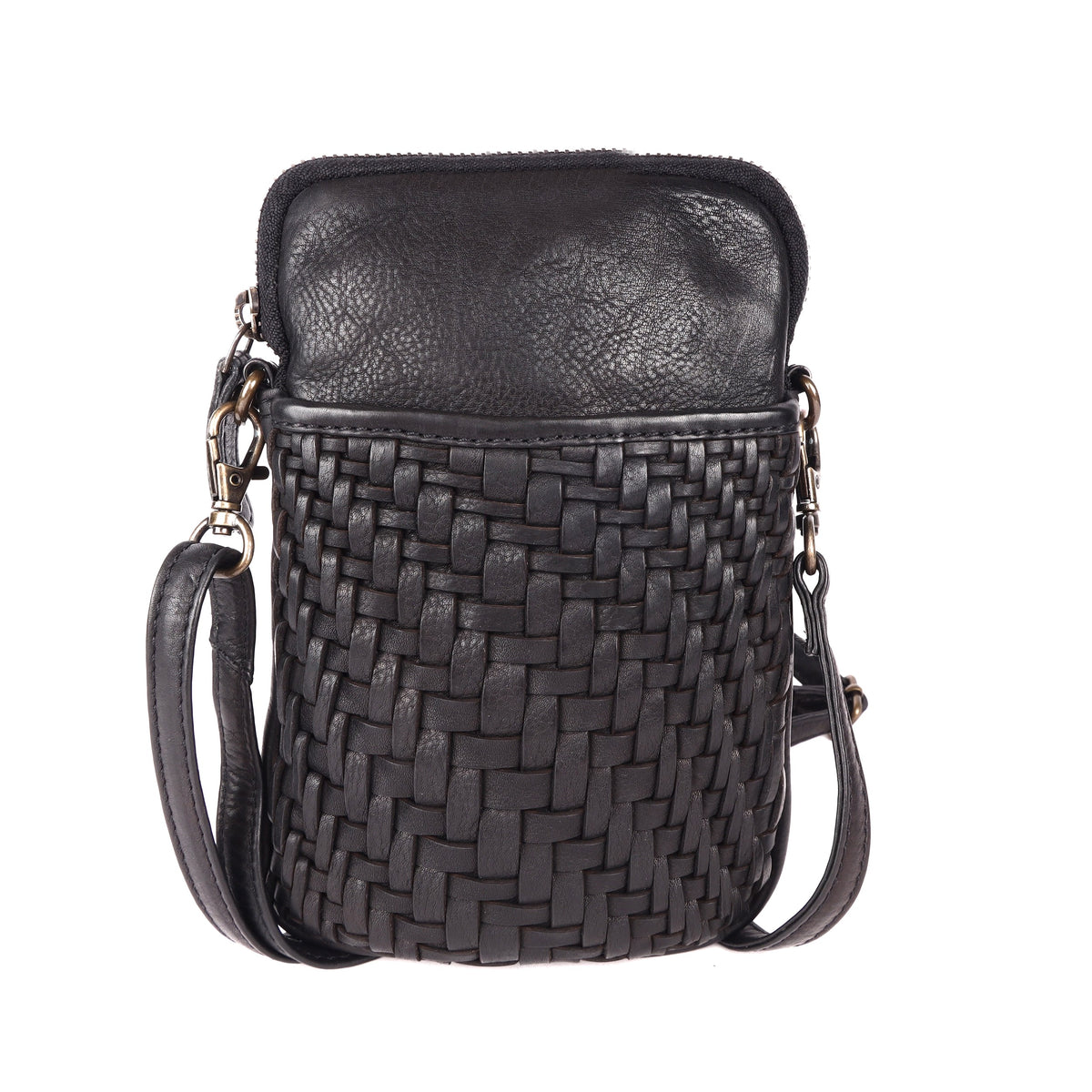 Black phone bag from the front, showing the basket-weave pocket