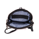 Black phone bag unzipped, showing the blue fabric lining and a stamped leather tab