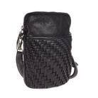 Black phone bag angled, a woven leather sleeve pocket below a smooth leather top