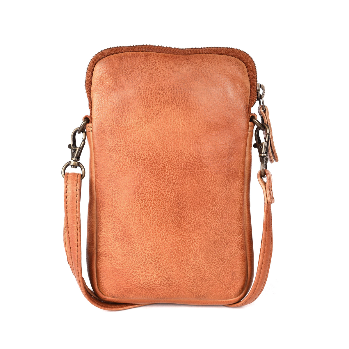 Back of the cognac phone bag in plain smooth leather