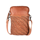 Cognac phone bag from the front, showing the basket-weave pocket