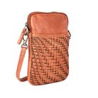 Cognac phone bag angled, a woven sleeve pocket below a smooth leather top