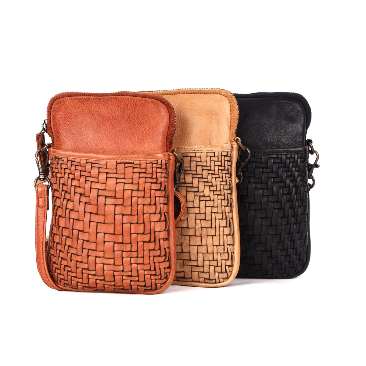 Woven phone bags side by side in cognac, sand and black