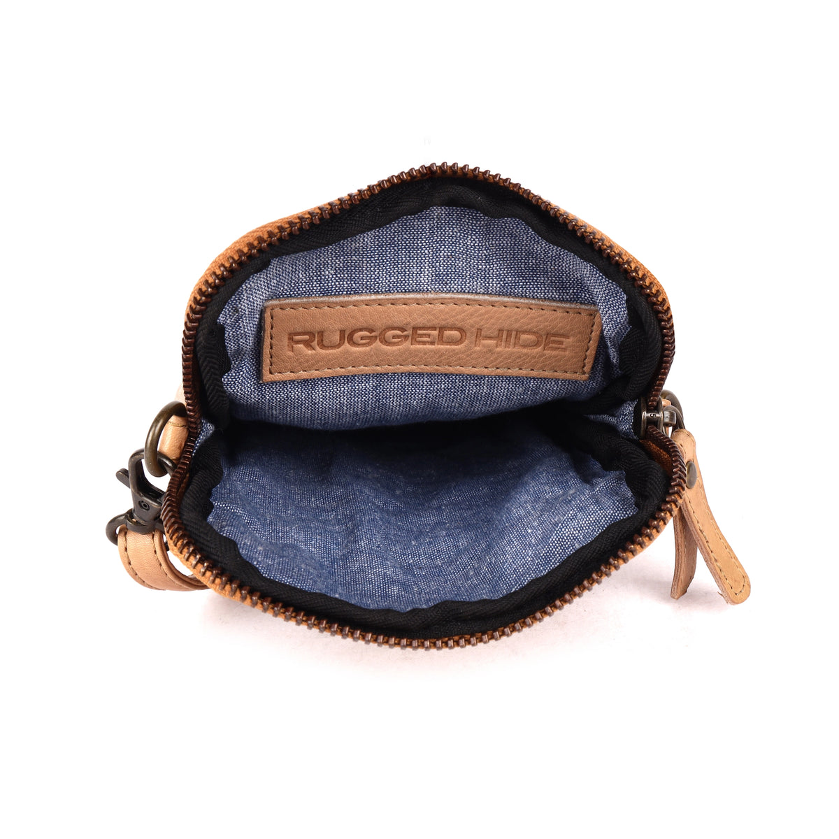 Sand phone bag unzipped, showing the blue fabric lining and a stamped leather tab