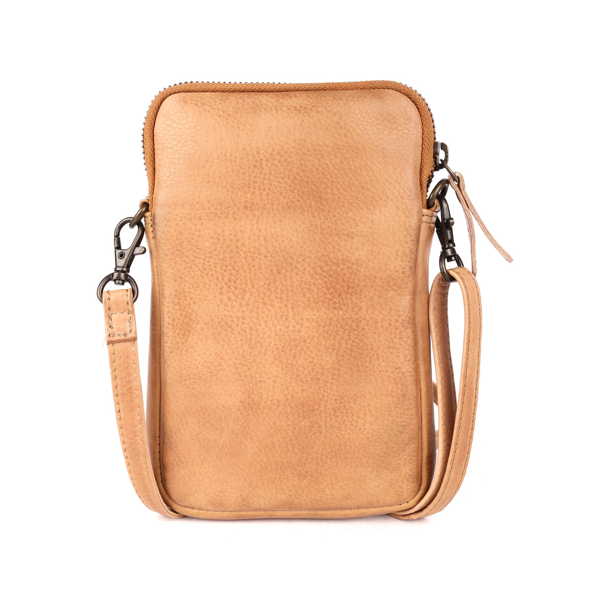 Back of the sand phone bag in plain smooth leather