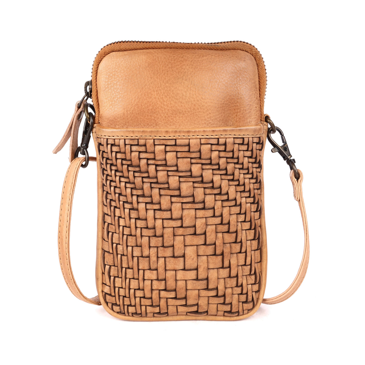 Sand phone bag from the front, showing the basket-weave pocket