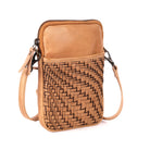 Sand phone bag angled, a woven sleeve pocket below a smooth leather top