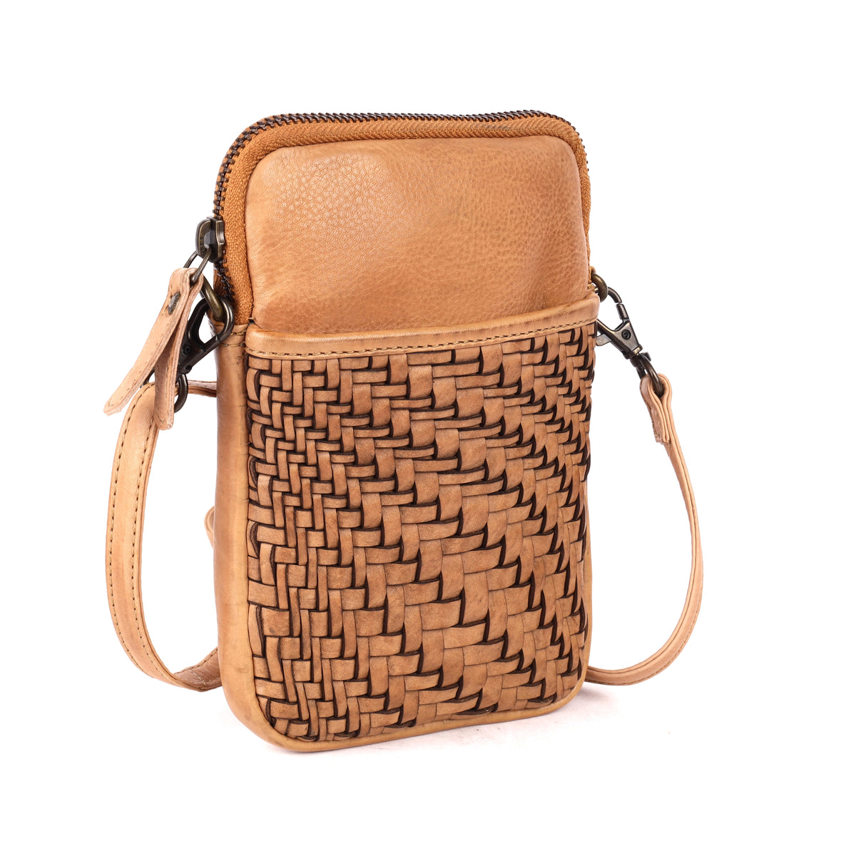 Sand phone bag angled, a woven sleeve pocket below a smooth leather top