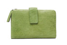 Apple green textured leather wallet closed with a press-stud tab