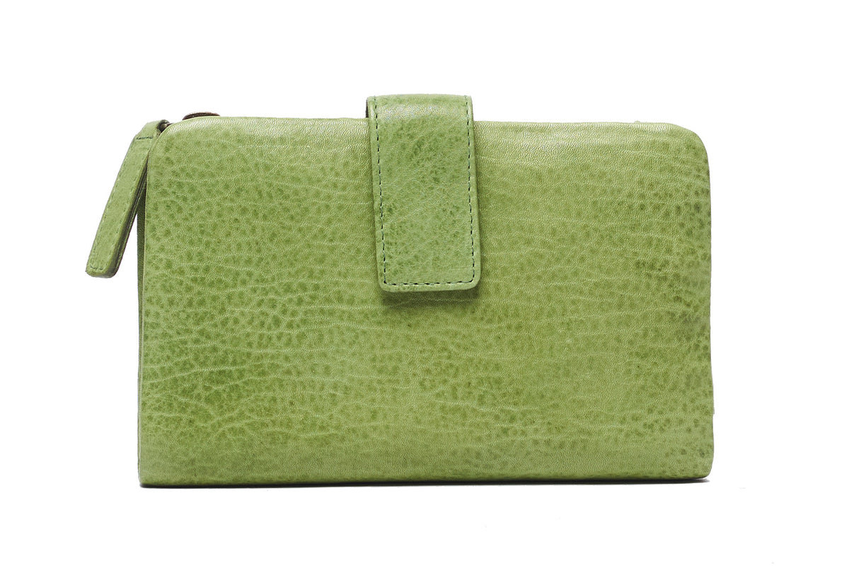 Apple green textured leather wallet closed with a press-stud tab