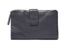 Black leather wallet closed with a press-stud tab, the zip pull at the side