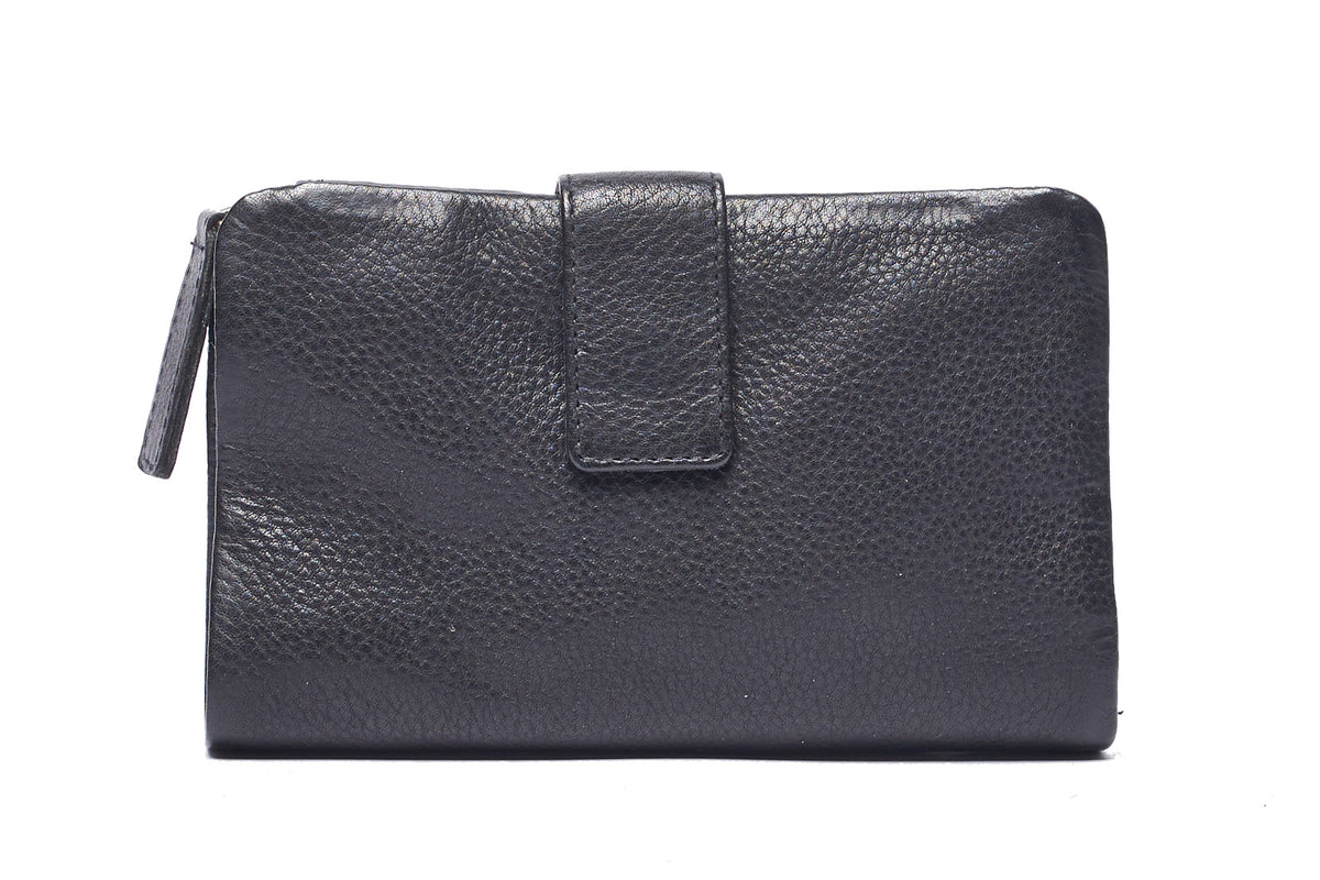 Black leather wallet closed with a press-stud tab, the zip pull at the side