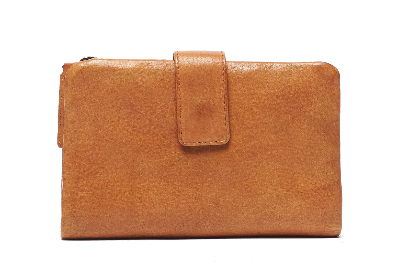Tan leather wallet closed with a press-stud tab