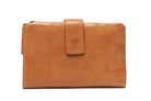 Tan leather wallet closed with a press-stud tab