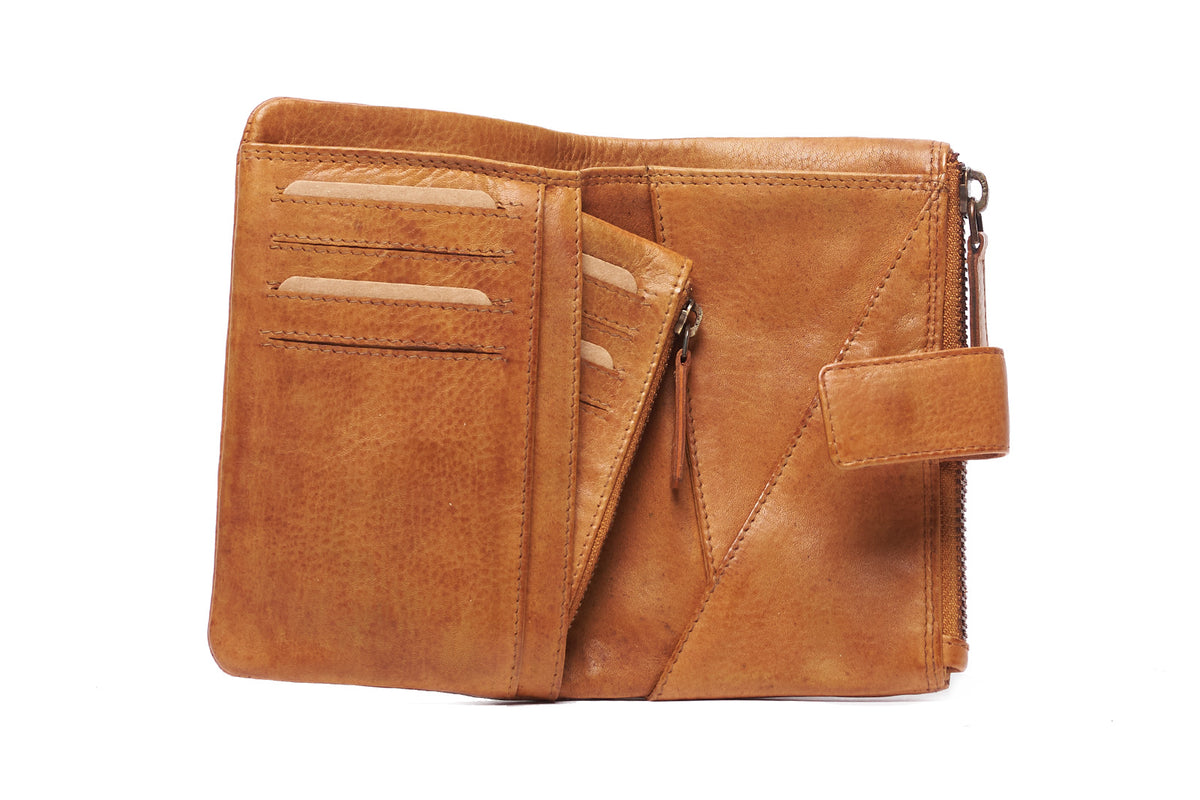 Tan wallet open, showing card slots on one side and the zipped coin purse section on the other