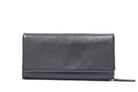Black leather wallet closed, a long fold-over flap with the zip pull at the side