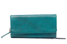 Pine green leather wallet closed, a deep teal with the zip pull at the side