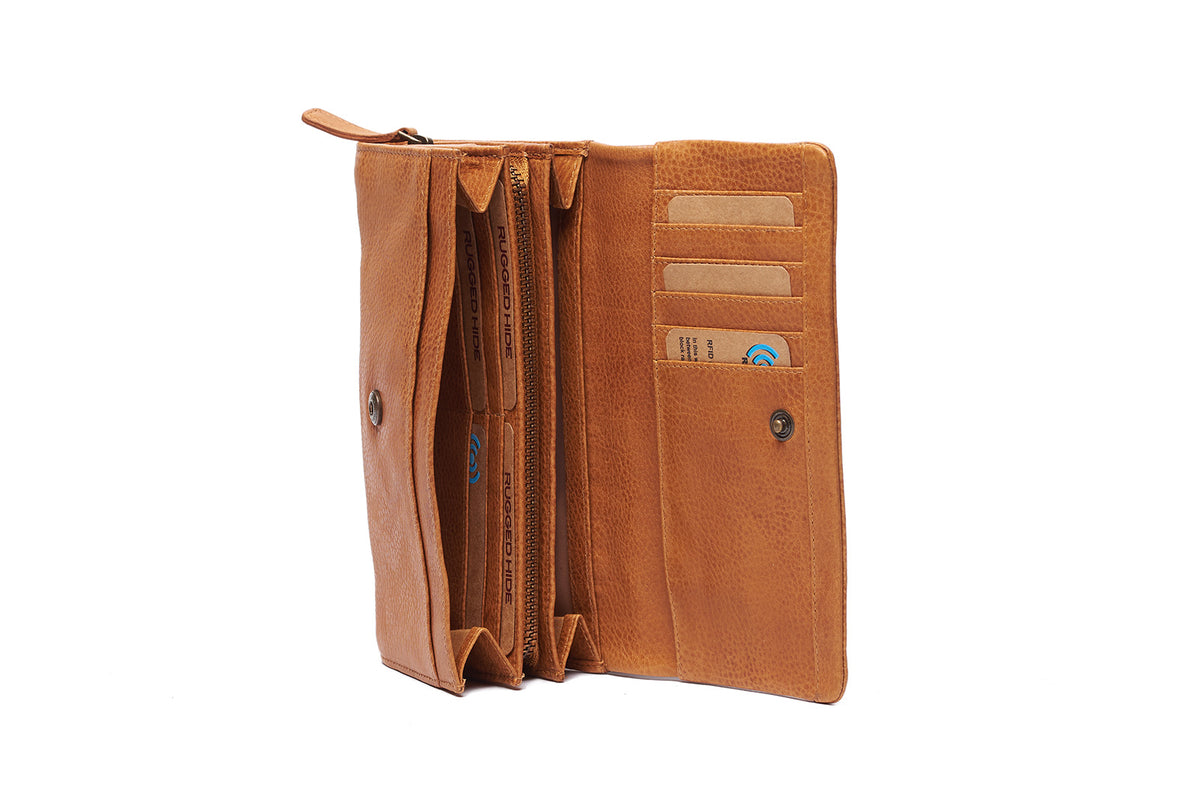 Tan wallet open, showing card slots, note sections and the zipped centre section