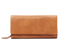Tan leather wallet closed, a long fold-over flap