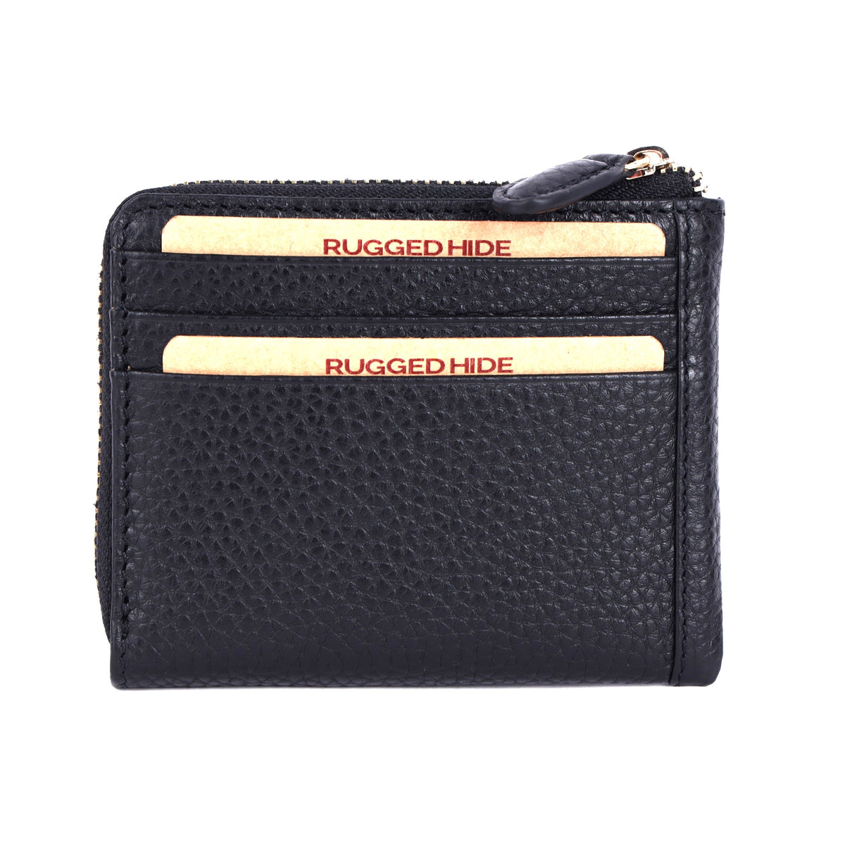 Black card wallet from the front, cards in the slots