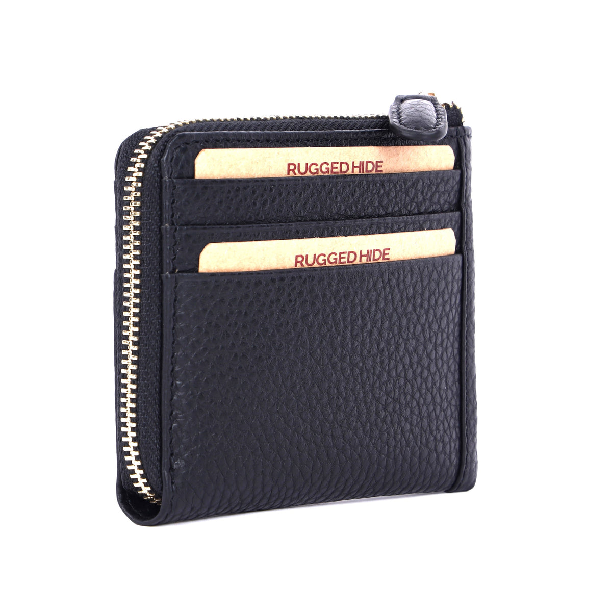 Black card wallet angled, card slots on the front and the zip round the corner
