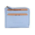 Powder blue card wallet from the front, cards in the slots