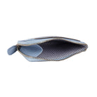 Powder blue wallet unzipped from the side, showing the striped lining of the coin pocket