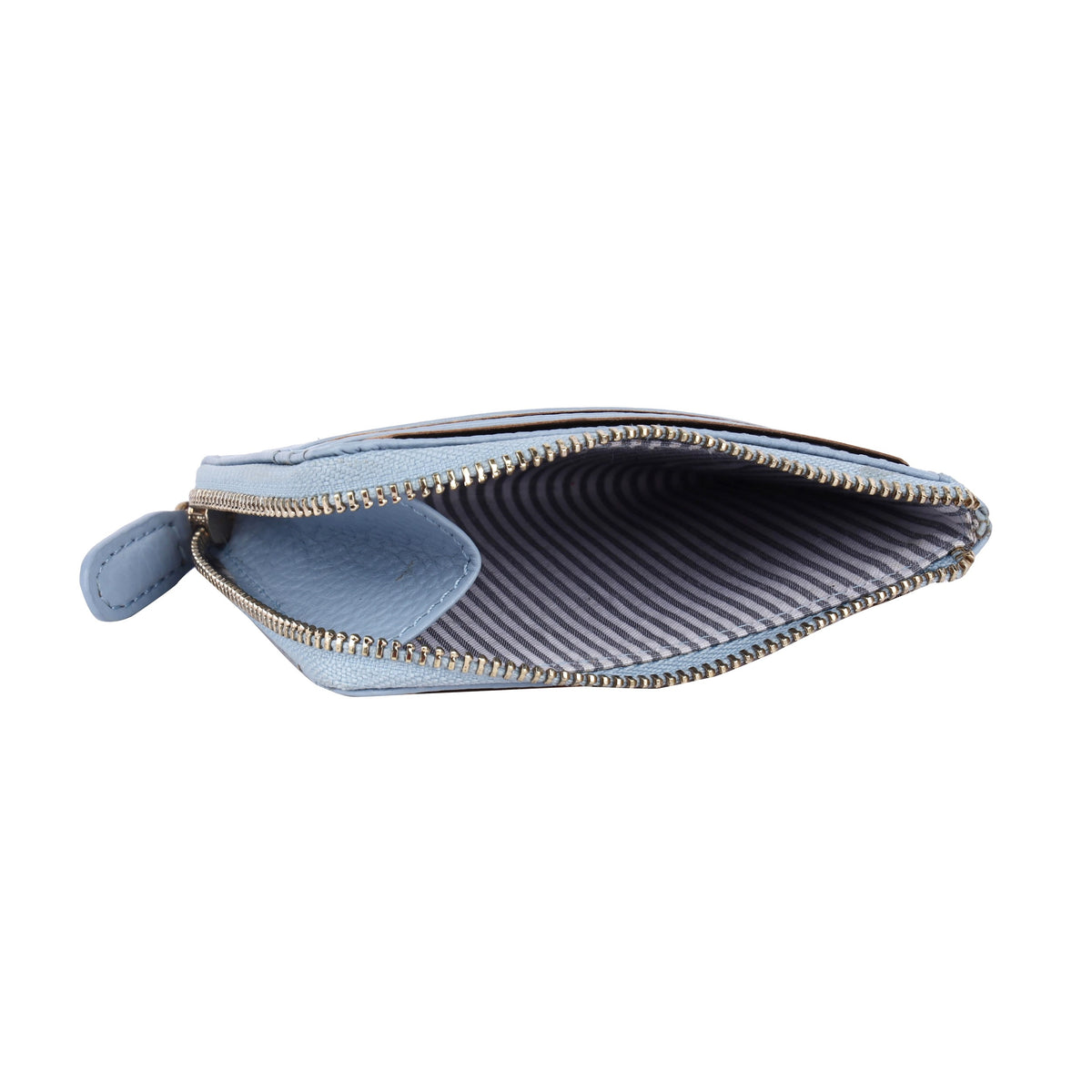Powder blue wallet unzipped from the side, showing the striped lining of the coin pocket