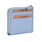 Powder blue card wallet angled, card slots on the front and the zip round the corner