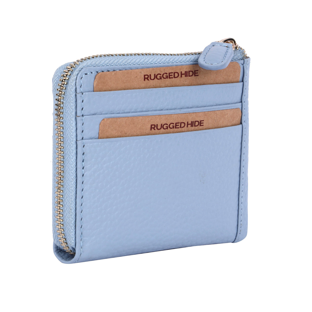 Powder blue card wallet angled, card slots on the front and the zip round the corner