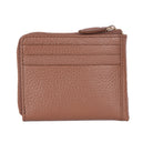 Back of the dark tan cards wallet, plain leather with a corner zip