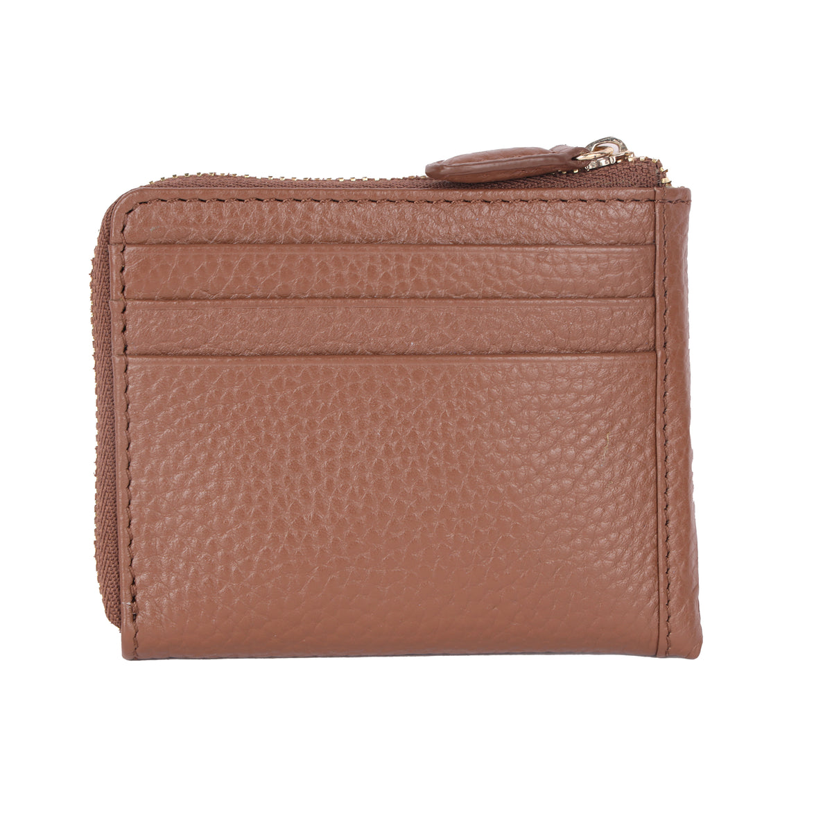 Back of the dark tan cards wallet, plain leather with a corner zip