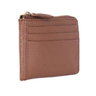 Dark tan card wallet angled, showing its stacked card slots