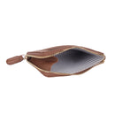 The dark tan wallet unzipped, showing the striped lining inside