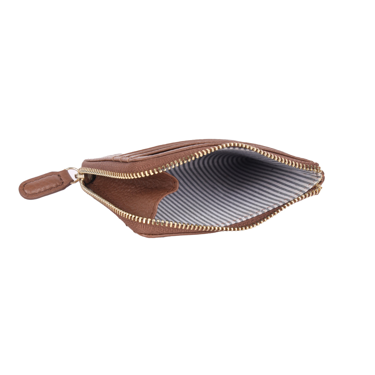 The dark tan wallet unzipped, showing the striped lining inside