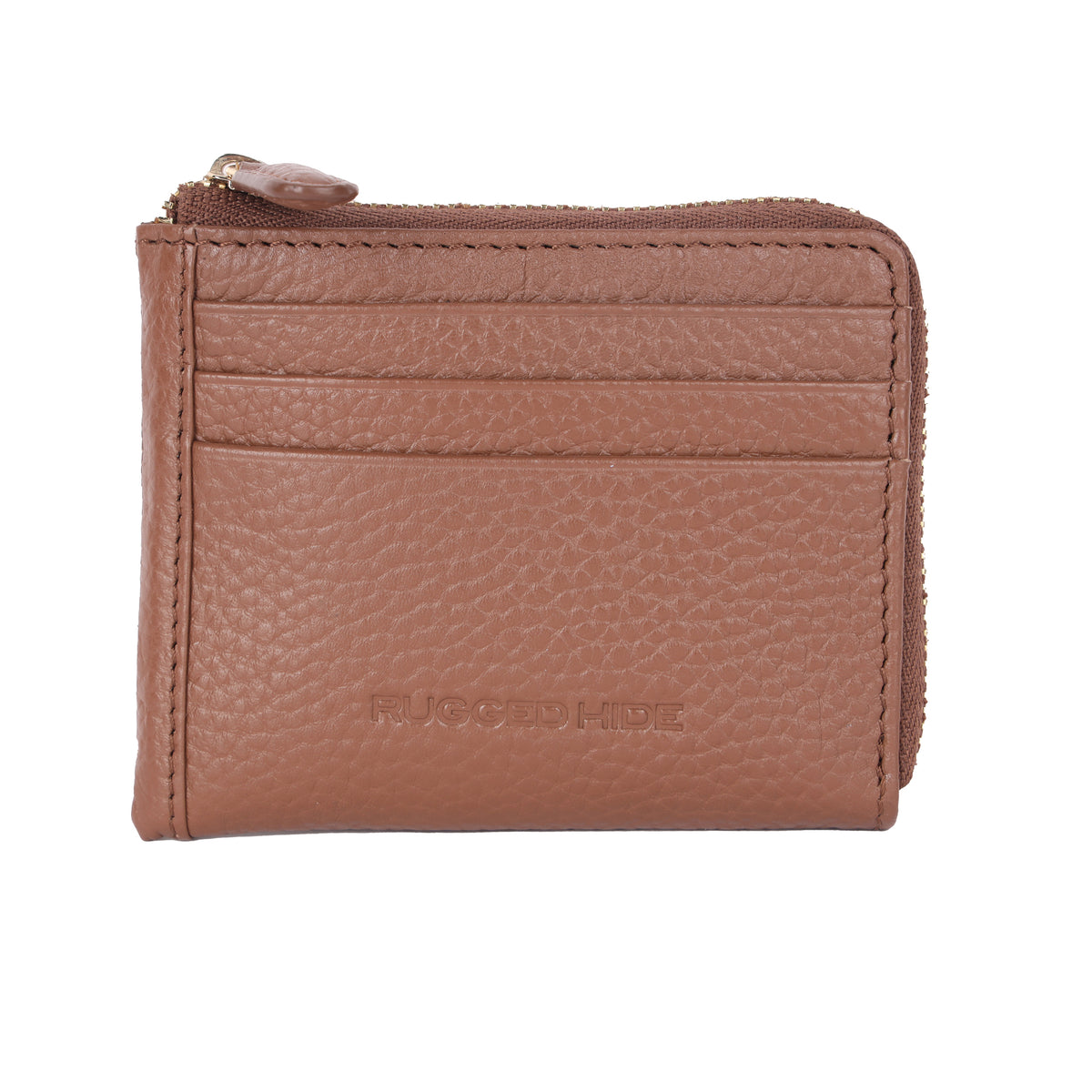 Dark tan card wallet from the front, showing the card slots and the embossed logo