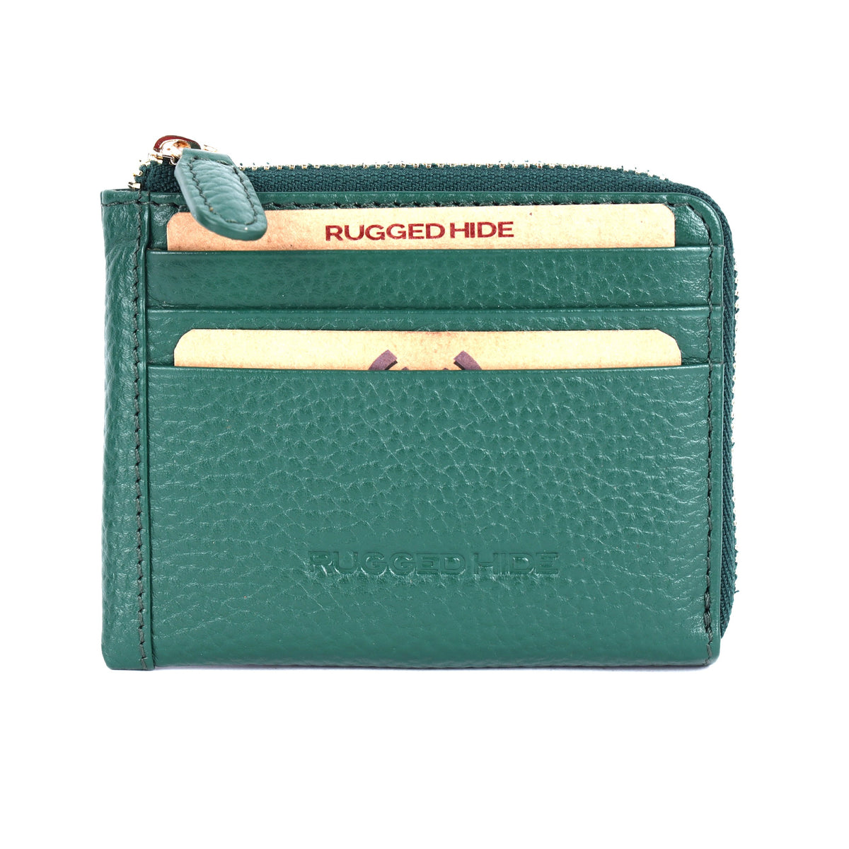 Green card wallet from the front, cards in the slots