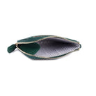 Green wallet unzipped from the side, showing the striped lining of the coin pocket