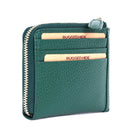 Green card wallet angled, card slots on the front and the zip round the corner
