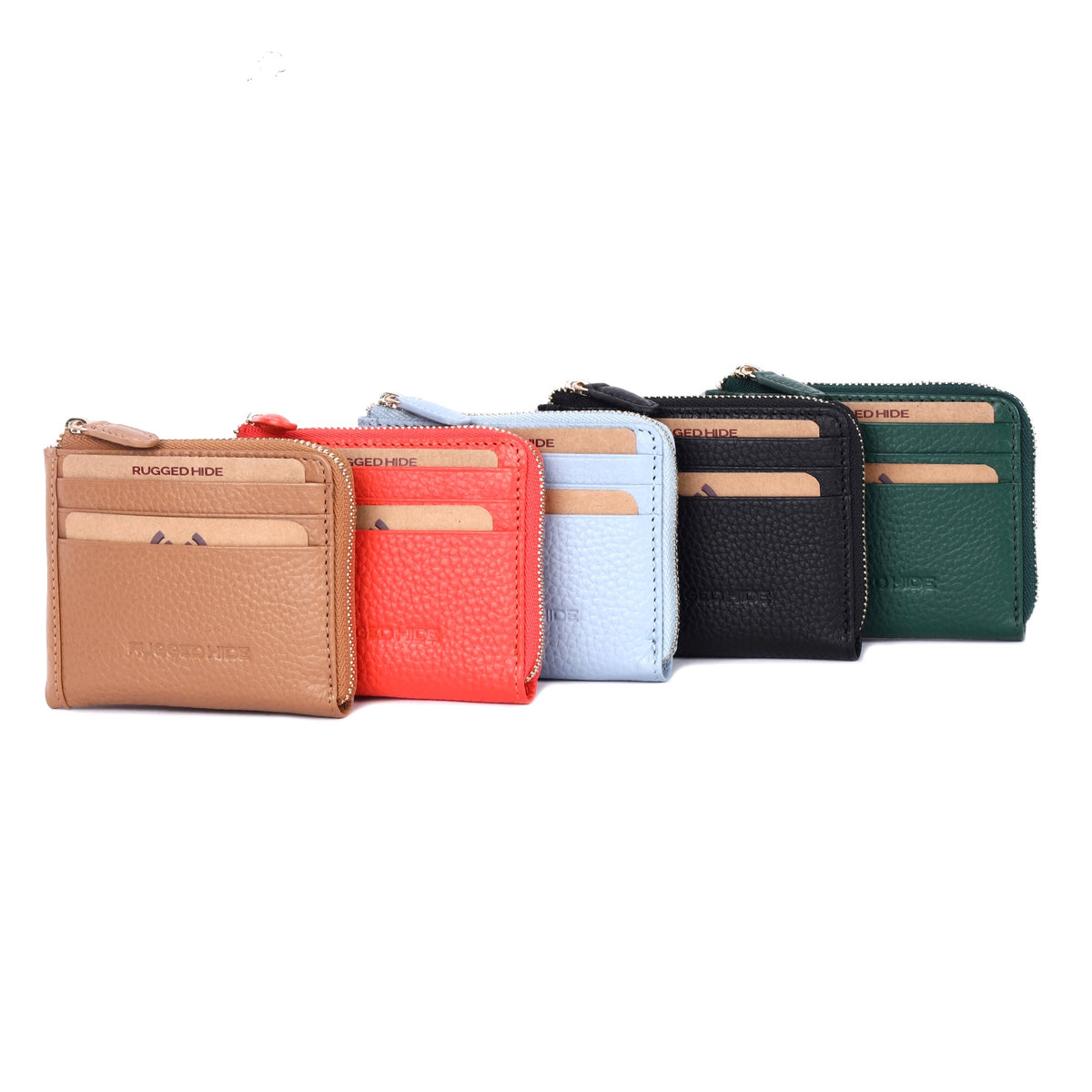 Card wallets lined up in camel, mandarin, powder blue, black and green