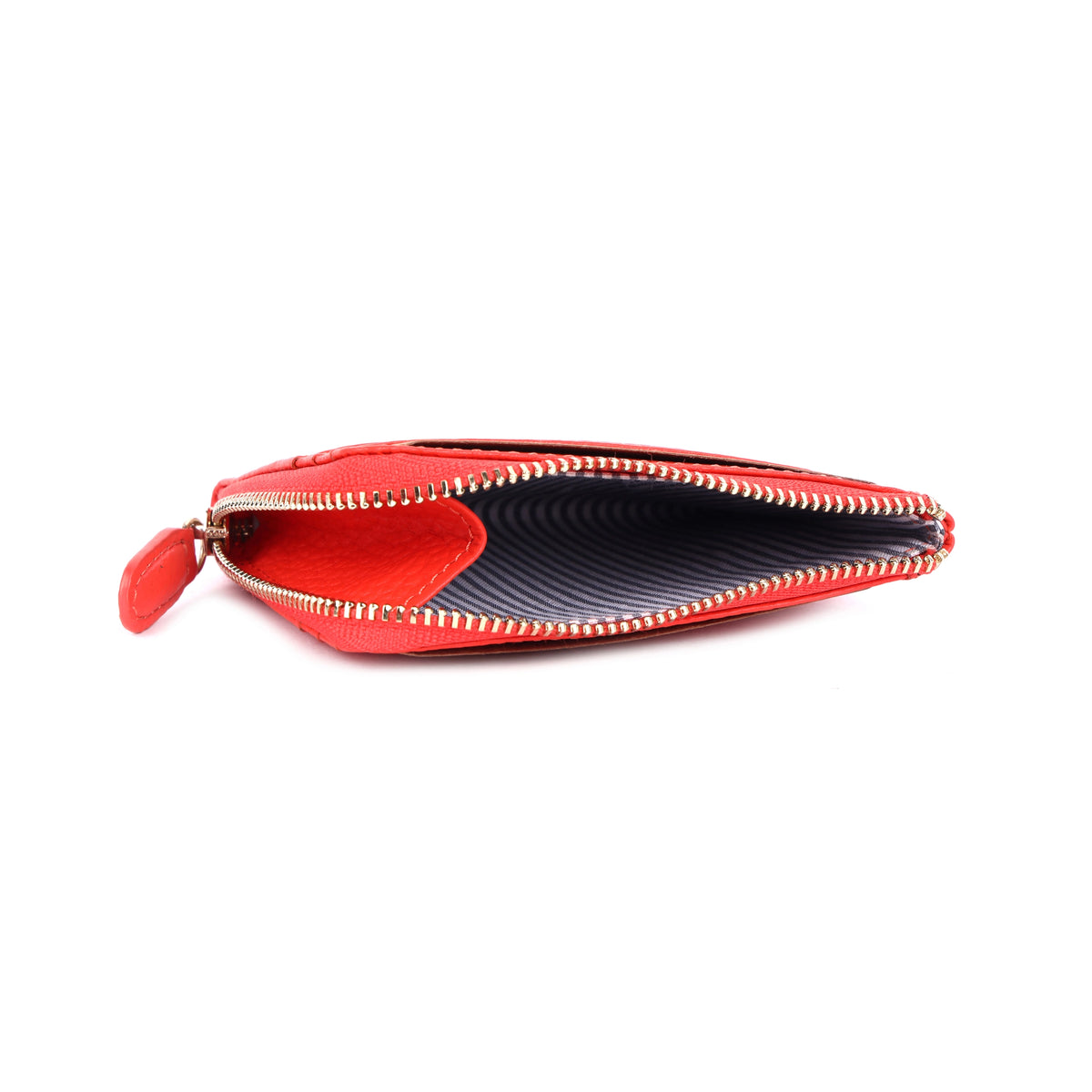 Mandarin wallet unzipped from the side, showing the lining of the coin pocket