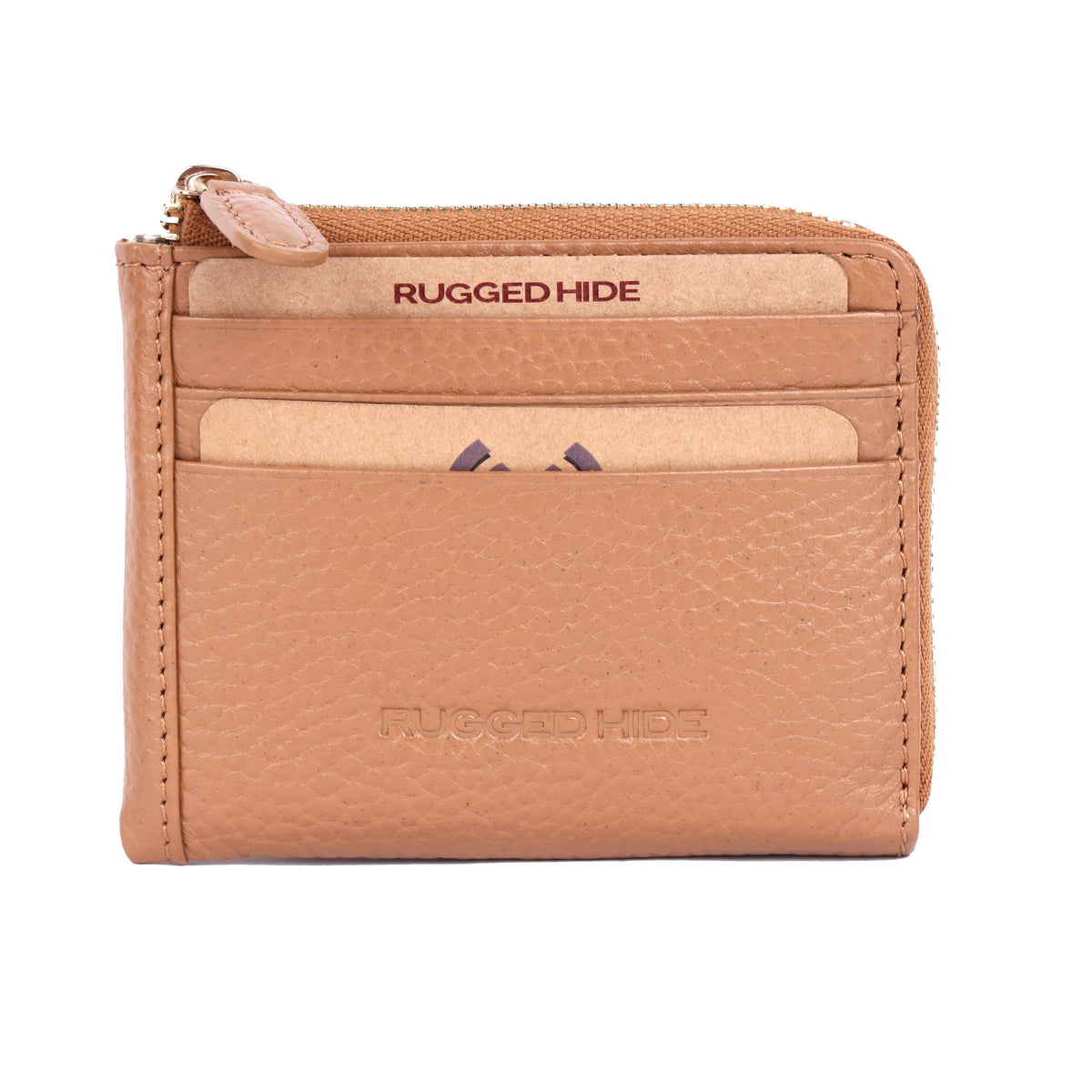 Tan cards wallet from the front, cards tucked into the slots