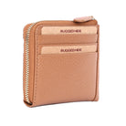 Camel leather card wallet angled, card slots on the front and the zip round the corner
