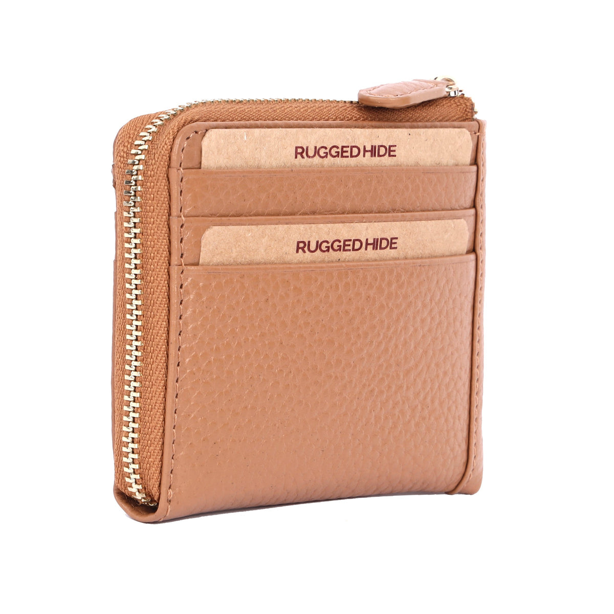 Camel leather card wallet angled, card slots on the front and the zip round the corner