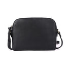Black cross body bag from the front, a curved top and long strap