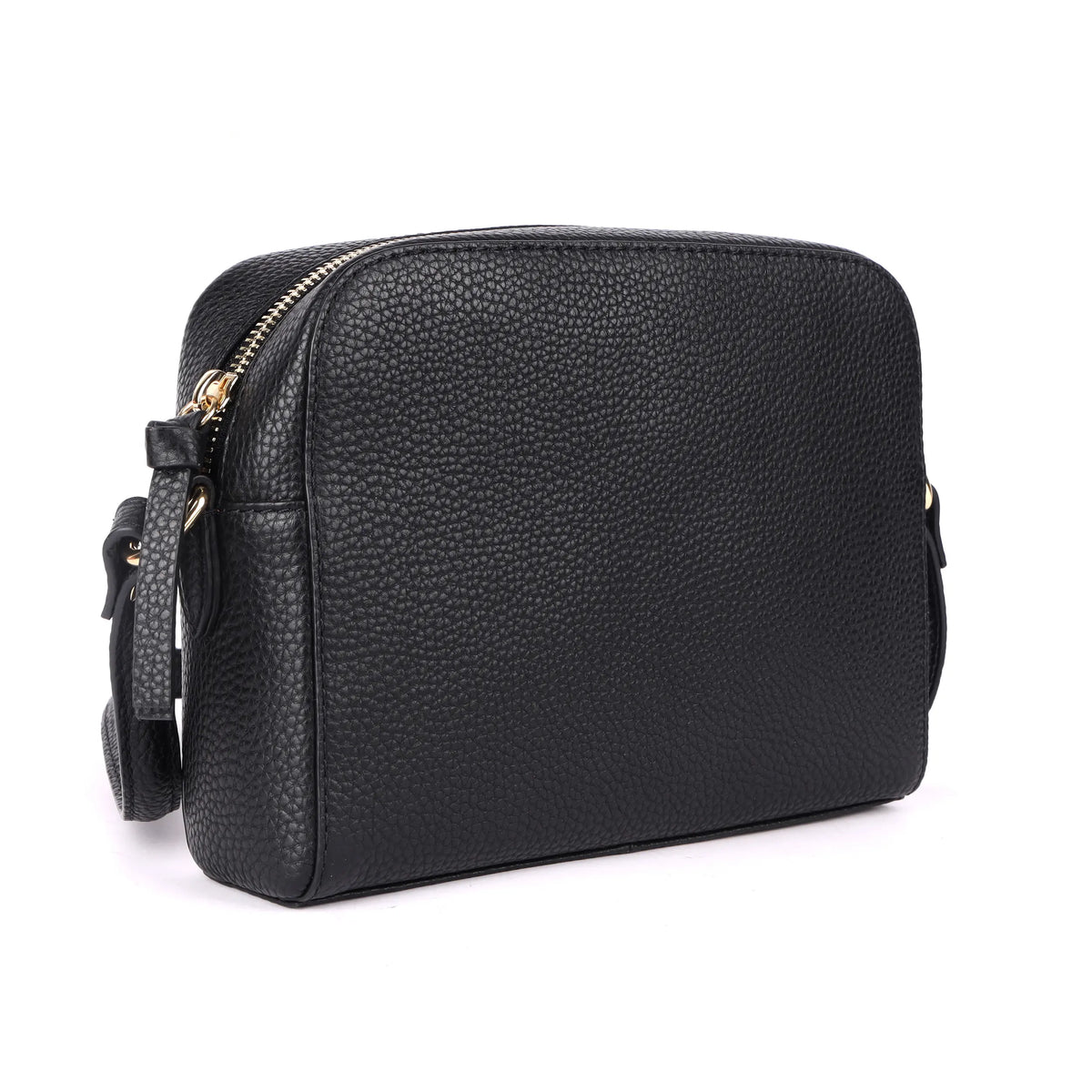Black boxy cross body bag angled, showing its depth