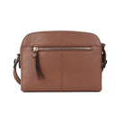 Back of the dark tan bag, showing the zip pocket across it